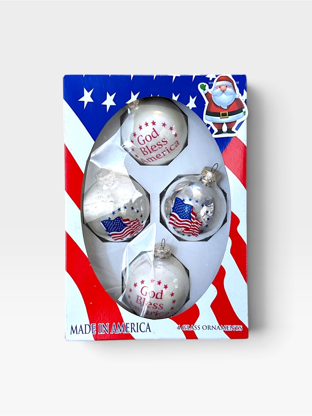 VTG Rauch God Bless America Glass Ornaments Set 4 USA Flag Patriotic